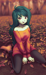 Size: 900x1440 | Tagged: safe, artist:rileyav, imported from derpibooru, wallflower blush, equestria girls, adorasexy, autumn, autumn leaves, bare shoulders, beautiful, beautisexy, boots, clothes, cute, dress, female, flowerbetes, freckles, happy, kneeling, leaf, leaves, leggings, looking at you, pantyhose, sexy, shoes, smiling, smiling at you, solo, solo female, strapless dress, sweater dress, sweet dreams fuel, wallflower and plants