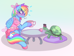 Size: 1610x1220 | Tagged: safe, artist:aaa-its-spook, imported from derpibooru, rainbow dash, tank, pegasus, pony, blushing, blushing profusely, bow, caught, clothes, cute, dashabetes, dress, embarrassed, girly, hat, pink dress, rainbow dash always dresses in style, tankabetes, tea party, top hat, vulgar