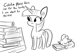 Size: 2088x1440 | Tagged: safe, artist:tjpones, imported from derpibooru, spike, twilight sparkle, dragon, pony, unicorn, black and white, blessing, book, bookhorse, cute, duo, female, grayscale, lineart, male, mare, monochrome, praying, scroll, simple background, sleeping, spikabetes, that pony sure does love books, twiabetes, unicorn twilight, white background