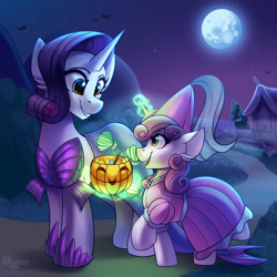 Size: 2000x2000 | Tagged: safe, artist:jedayskayvoker, artist:shadowreindeer, imported from derpibooru, rarity, sweetie belle, mermaid, pony, unicorn, belle sisters, big smile, clothes, collaboration, costume, cute, daaaaaaaaaaaw, diasweetes, dress, female, glowing horn, halloween, holiday, horn, jack-o-lantern, levitation, magic, magic aura, mermarity, moon, night, nightmare night, nightmare night costume, princess, princess costume, princess sweetie belle, pumpkin, pumpkin bucket, raribetes, rarity's mermaid dress, siblings, sisters, sweetie belle's magic brings a great big smile, telekinesis