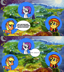 Size: 1386x1555 | Tagged: safe, artist:logan jones, imported from derpibooru, applejack, rarity, sunset shimmer, pony, unicorn, equestria girls, 2 panel comic, accent, captain n, comic, equestria, font, hello mario, map, meme, nintendo sex ed, ponified meme, super mario bros. super show