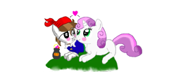 Size: 1051x435 | Tagged: safe, artist:maverickmam, imported from derpibooru, pipsqueak, sweetie belle, earth pony, pony, unicorn, bandana, colt, eyepatch, female, filly, heart, male, shipping, simple background, straight, sweetiesqueak, white background