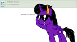 Size: 999x551 | Tagged: safe, artist:maverickmam, imported from derpibooru, oc, oc only, oc:dark blaze, pony, ask, female, grin, horn, mare, multiple horns, raised hoof, smiling, solo, sunglasses, tricorn, wings