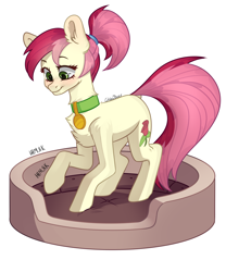 Size: 2500x3000 | Tagged: safe, artist:chibadeer, imported from derpibooru, roseluck, earth pony, pony, alternate hairstyle, behaving like a cat, collar, commissioner:doom9454, cute, cuteluck, cyrillic, fluffy, pet bed, pet tag, pony pet, ponytail, rosabetes, rosepet, russian