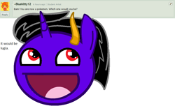 Size: 990x602 | Tagged: safe, artist:maverickmam, imported from derpibooru, oc, oc only, oc:dark blaze, pony, :d, ask, bust, female, horn, mare, multiple horns, smiling, solo, tricorn, wings