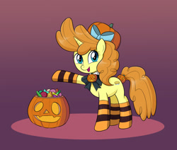 Size: 1300x1100 | Tagged: safe, artist:mew-me, imported from derpibooru, pumpkin cake, pony, unicorn, bow, bowtie, candy, clothes, cute, female, food, hair bow, halloween, hat, holiday, jack-o-lantern, mare, name pun, nightmare night, older, older pumpkin cake, open mouth, pumpkin, pumpkin bucket, pun, raised hoof, socks, solo, striped socks