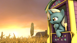 Size: 5760x3240 | Tagged: safe, artist:lagmanor, imported from derpibooru, trixie, pony, unicorn, 3d, absurd file size, absurd resolution, barn, drink, female, food, high res, hoof on chin, mare, smiling, smirk, solo, source filmmaker, straw, sunset, trixie's wagon, wagon, wheat
