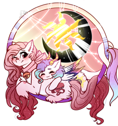Size: 3116x3345 | Tagged: safe, artist:1fresita, artist:krissstudios, imported from derpibooru, oc, oc only, pegasus, pony, colored wings, cuddling, dreamcatcher, female, mare, moon, multicolored wings, simple background, sun, transparent background, wings