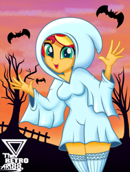 Size: 2400x3168 | Tagged: safe, artist:theretroart88, imported from derpibooru, sunset shimmer, ghost, undead, equestria girls, clothes, costume, cute, female, halloween, halloween costume, holiday, open mouth, shimmerbetes, socks, solo, stockings, thigh highs
