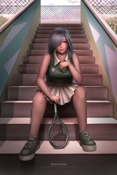 Size: 1280x1920 | Tagged: safe, artist:rosinyam, imported from derpibooru, marble pie, human, clothes, commission, cutie mark, cutie mark on clothes, female, humanized, sitting, solo, sports, stairs, tennis, tennis ball, tennis racket, tennis shoes