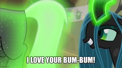 Size: 800x450 | Tagged: safe, edit, edited screencap, imported from derpibooru, screencap, lord tirek, queen chrysalis, centaur, changeling, changeling queen, frenemies (episode), season 9, spoiler:s09, butt, caption, chrysirek, eyes on the prize, female, glowing horn, horn, image macro, looking at butt, magic, magic aura, male, out of context, plot, shipping, straight, telekinesis, text, tirump, you know for kids