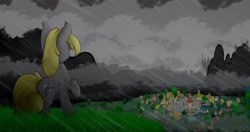 Size: 4096x2160 | Tagged: safe, artist:darbedarmoc, imported from derpibooru, oc, oc only, oc:nimax coltlight, pony, unicorn, bridge, canterlot, chest fluff, cloud, ear fluff, everfree forest, from behind, grass, looking in the distance, mane, mountain, ponyville, rain, river, school, silhouette, solo, standing, tale, town, town hall, tree, weather, wet