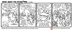 Size: 1600x655 | Tagged: safe, artist:lummh, imported from derpibooru, luster dawn, oc, oc:messier, griffon, hippogriff, pegasus, pony, unicorn, yak, comic:what about the future, clone, comic, open mouth, speech bubble, walking