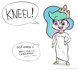 Size: 572x516 | Tagged: safe, artist:banebuster, imported from derpibooru, princess celestia, human, pony, series:tiny tia, my little pony: pony life, breasts, cleavage, crown, g4.5, humanized, jewelry, ponified, regalia, scene interpretation, simple background, solo, speech bubble, white background