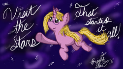 Size: 1280x720 | Tagged: safe, artist:bryastar, imported from derpibooru, oc, oc only, oc:bright star, pony, unicorn, cursive writing, female, floating, floating in space, galaxy, solo, space