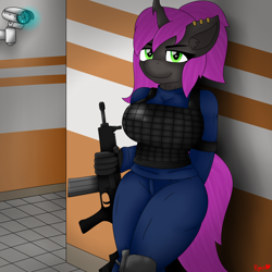 Size: 4000x4000 | Tagged: safe, artist:ryanthecone, imported from derpibooru, oc, oc only, oc:violet nebula, anthro, changeling, changling, commission, gun, rifle, scp foundation, security camera, weapon