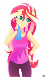 Size: 1938x3264 | Tagged: safe, artist:xan-gelx, imported from derpibooru, sunset shimmer, equestria girls, equestria girls series, spoiler:eqg series (season 2), clothes, pants, simple background, sleeveless, tanktop, towel, wake up!: rainbow dash, white background, yoga, yoga pants