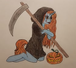 Size: 2453x2177 | Tagged: safe, artist:zosma-art, imported from derpibooru, oc, oc:vega, pony, unicorn, clothes, colored pencil drawing, costume, female, halloween, halloween costume, holiday, mare, pumpkin, solo, traditional art