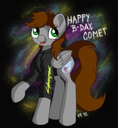 Size: 1280x1394 | Tagged: safe, artist:appleneedle, imported from derpibooru, oc, oc only, oc:comet fire, pegasus, pony, art, birthday, character, clothes, cyberpunk, digital, draw, drawing, fanart, hoodie, present, solo