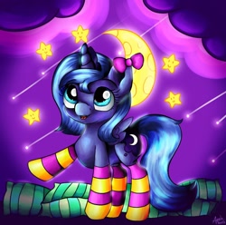 Size: 1280x1268 | Tagged: safe, artist:appleneedle, imported from derpibooru, princess luna, alicorn, pony, art, character, clothes, cloud, cute, cutie mark, dark, digital, draw, drawing, dream, evening, fanart, female, filly, horn, lunabetes, moon, night, paint, painting, patreon, patreon reward, pillow, reward, shooting star, small, smiley face, smiling, socks, solo, stars, striped socks, wings, woona, younger