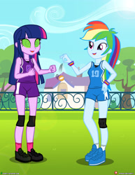 Size: 3090x4000 | Tagged: safe, artist:dieart77, imported from derpibooru, rainbow dash, twilight sparkle, equestria girls, absurd resolution, blue skin, clothes, commission, dreamworks face, duo, duo female, female, fence, grass, hand on hip, high res, house, hypnosis, hypnotized, multicolored hair, open mouth, open smile, outdoors, pink eyes, pocket watch, shoes, shorts, side slit, smiling, sneakers, socks, sports, sports shorts, standing, swirly eyes, tanktop, tree, wristband