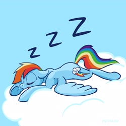 Size: 2048x2048 | Tagged: safe, artist:pfeffaroo, imported from derpibooru, rainbow dash, pegasus, pony, cloud, cute, dashabetes, eyes closed, female, floppy ears, high res, lying down, mare, nap, on a cloud, onomatopoeia, open mouth, prone, sleeping, sleeping on a cloud, solo, sound effects, spread wings, underhoof, wings, zzz