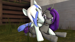 Size: 1920x1080 | Tagged: safe, artist:scratch_wub, imported from derpibooru, oc, oc only, oc:etheria galaxia, oc:scratch wub, alicorn, unicorn, 3d, female, glomp, imminent kissing, lying down, male, mare, nuzzling, shipping, smiling, source filmmaker, stallion