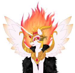 Size: 1200x1175 | Tagged: safe, artist:unoriginai, imported from derpibooru, daybreaker, pony, alternate design, fur coat, horns, looking at you, mane of fire, simple background, solo, transparent background