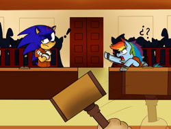 Size: 1280x960 | Tagged: safe, artist:cosmomuffins, imported from derpibooru, rainbow dash, bashing, clothes, courtroom, cuffs, prison outfit, prisoner rd, sonic the hedgehog, sonic the hedgehog (series), sonic vs rainbow dash