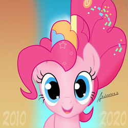 Size: 1500x1500 | Tagged: safe, artist:archooves, derpibooru exclusive, imported from derpibooru, pinkie pie, earth pony, pony, the last problem, 2010, 2010s, 2020, cute, female, happy birthday mlp:fim, looking at you, mlp fim's tenth anniversary, older, older pinkie pie, open mouth, rainbow power, smiling, solo, two sides