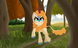 Size: 8000x5000 | Tagged: safe, artist:windy-pony, artist:windykirin, imported from derpibooru, pear butter, kirin, absurd resolution, blushing, cloud, female, forest, grass, kirin-ified, mare, scenery, smiling, solo, species swap, tree