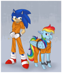 Size: 1079x1280 | Tagged: safe, artist:primaldonna, imported from derpibooru, rainbow dash, bashing, clothes, cuffs, duo, prison outfit, prisoner rd, sonic the hedgehog, sonic the hedgehog (series)