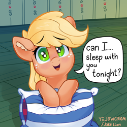 Size: 2250x2250 | Tagged: safe, artist:docwario, artist:yelowcrom, imported from derpibooru, applejack, earth pony, pony, applebetes, blushing, bronybait, collaboration, cute, daaaaaaaaaaaw, dialogue, ear fluff, eyebrows, eyebrows visible through hair, female, freckles, happy, high res, indoors, jackabetes, jacktober, looking at you, pillow, smiling, smiling at you, solo, speech bubble, talking, talking to viewer, watermark, weapons-grade cute, wooden floor