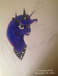 Size: 1178x1547 | Tagged: safe, artist:stargazerseven, imported from derpibooru, princess luna, alicorn, pony, bust, female, jewelry, mare, partial color, peytral, smiling, tiara, traditional art