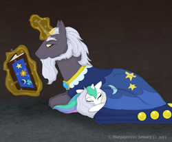 Size: 1936x1600 | Tagged: safe, artist:stargazerseven, imported from derpibooru, princess celestia, star swirl the bearded, pony, book, cloak, clothes, duo, female, filly, filly celestia, incorrect color scheme, male, sleeping, stallion, younger