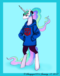 Size: 1078x1376 | Tagged: safe, artist:stargazerseven, imported from derpibooru, princess celestia, alicorn, anthro, unguligrade anthro, abstract background, alternate hairstyle, clothes, ethereal mane, female, hairband, hoodie, solo, starry mane, transformers