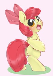 Size: 1075x1536 | Tagged: safe, artist:kurogewapony, imported from derpibooru, apple bloom, earth pony, pony, adorabloom, bipedal, blank flank, bloom butt, blushing, bow, butt, cute, female, filly, hair bow, looking at you, looking back, looking back at you, open mouth, plot, simple background, smiling, solo