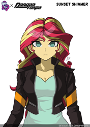 Size: 1060x1500 | Tagged: safe, artist:pyropk, imported from derpibooru, sunset shimmer, equestria girls, alternate artstyle, breasts, cleavage, crossover, danganronpa, solo