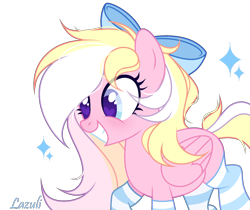 Size: 1856x1556 | Tagged: safe, artist:lazuli, artist:mint-light, imported from derpibooru, oc, oc only, oc:bay breeze, pegasus, pony, bow, clothes, cute, female, grin, hair bow, heart eyes, mare, ocbetes, pegasus oc, signature, simple background, smiling, socks, solo, striped socks, transparent background, wingding eyes, wings