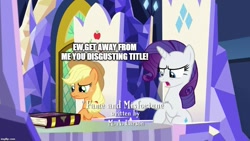 Size: 889x500 | Tagged: safe, artist:dex stewart, edit, edited screencap, imported from derpibooru, screencap, applejack, rarity, earth pony, pony, unicorn, fame and misfortune, caption, credits, friendship journal, friendship throne, image macro, m.a. larson, meme, meta humor, text, tv rating, tv-y