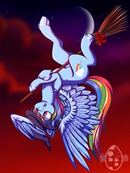 Size: 1536x2048 | Tagged: safe, artist:banoodle, imported from derpibooru, rainbow dash, broom, commission, flying, flying broomstick, hat, upside down, watermark, witch, witch hat, ych example, your character here