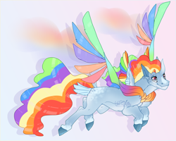 Size: 1873x1500 | Tagged: safe, artist:seffiron, imported from derpibooru, oc, oc only, oc:prismatis, pegasus, pony, colored wings, multicolored wings, offspring, parent:pony of shadows, parent:rainbow dash, solo, tail feathers, wings