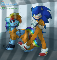 Size: 3500x3683 | Tagged: safe, artist:littlepoisonella, artist:monsethewogon, imported from derpibooru, bound wings, chains, clothes, cuffs, jail, prison, prison outfit, prisoner rd, sonic the hedgehog, sonic the hedgehog (series), wings