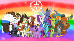 Size: 1280x719 | Tagged: safe, artist:andoanimalia, artist:cheezedoodle96, artist:dashiesparkle, artist:lightningbolt, artist:sketchmcreations, edit, idw, imported from derpibooru, autumn blaze, capper dapperpaws, captain celaeno, chief thunderhooves, gabby, grubber, iron will, king aspen, prince rutherford, princess ember, queen novo, thorax, twilight sparkle, zecora, buffalo, changedling, changeling, dragon, griffon, minotaur, yak, zebra, my little pony: the movie, dragoness, female, idw showified, king thorax, show accurate