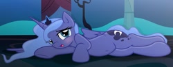 Size: 1280x500 | Tagged: safe, artist:grapefruitface1, imported from derpibooru, princess luna, alicorn, blushing, cute, draw me like one of your french girls, female, filly, lunabetes, lying down, prone, woona, younger