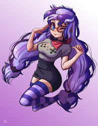 Size: 3840x4960 | Tagged: safe, artist:the-park, imported from derpibooru, oc, oc only, oc:cinnabyte, human, adorkable, bandana, clothes, cute, dork, gaming headphones, gaming headset, headphones, headset, jumping, one eye closed, smiling, socks, striped socks, wink