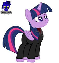 Size: 3840x4154 | Tagged: safe, artist:damlanil, imported from derpibooru, twilight sparkle, alicorn, pony, clothes, female, horn, mare, show accurate, simple background, solo, star trek, starfleet uniform, transparent background, twilight sparkle (alicorn), uniform, vector, wings