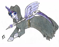 Size: 1563x1235 | Tagged: safe, artist:assertiveshypony, imported from derpibooru, twilight sparkle, alicorn, pony, black coat, body painting, bone, drawing, grim reaper, magic, scythe, simple background, traditional art, twilight sparkle (alicorn), white background