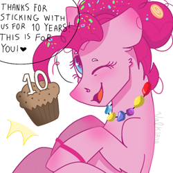 Size: 768x768 | Tagged: safe, artist:valkiria, derpibooru exclusive, imported from derpibooru, pinkie pie, earth pony, pony, the last problem, 10, accessory, cute, diapinkes, female, floppy ears, food, gem, happy birthday mlp:fim, heart, looking at you, mare, mlp fim's tenth anniversary, muffin, older, older pinkie pie, one eye closed, open mouth, sidemouth, smiling at you, solo, speech bubble, talking, talking to viewer