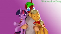 Size: 1920x1080 | Tagged: safe, artist:marianokun, imported from derpibooru, applejack, twilight sparkle, oc, oc:marianokun, alicorn, anthro, earth pony, pony, unicorn, 3d, anthro with ponies, female, happy birthday mlp:fim, holding a pony, lesbian, looking at you, mlp fim's tenth anniversary, purple background, sfm pony, shipping, simple background, sleeping, source filmmaker, twijack, twilight sparkle (alicorn)